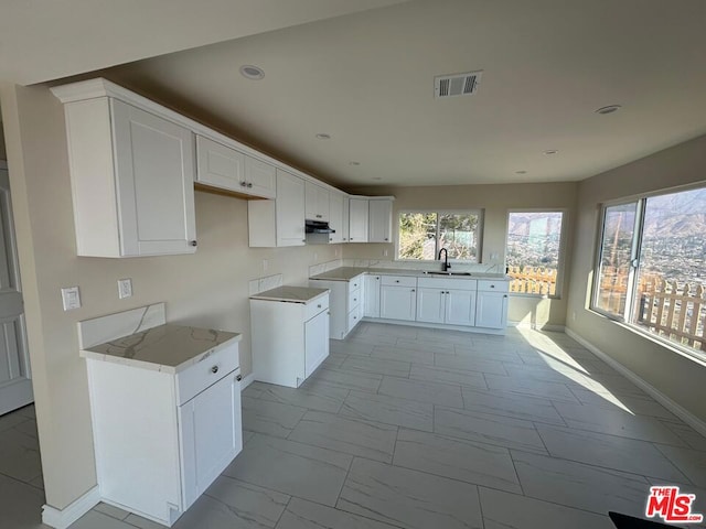 kitchen featuring light stone countertops, white cabinets, and sink