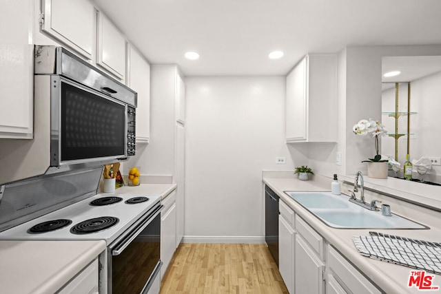 kitchen with white cabinetry, white range with electric stovetop, black dishwasher, light hardwood / wood-style flooring, and sink