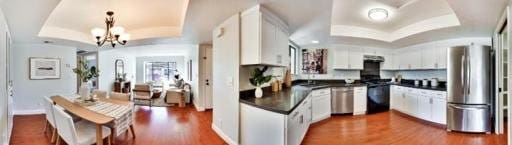 kitchen featuring white cabinetry, a tray ceiling, stainless steel appliances, and dark hardwood / wood-style floors