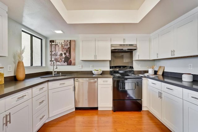 kitchen with white cabinets, sink, stainless steel dishwasher, and electric range