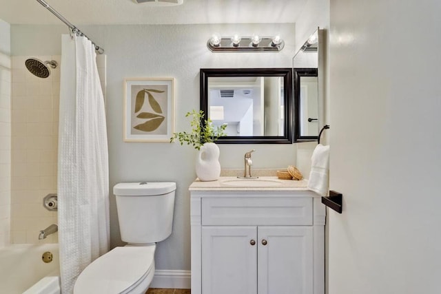 full bathroom with vanity, shower / bathtub combination with curtain, and toilet