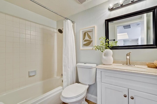 full bathroom with toilet, vanity, and shower / bathtub combination with curtain