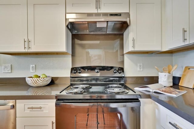 kitchen with range with electric stovetop, white cabinetry, and dishwasher