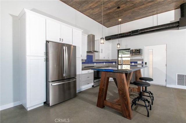 kitchen with wooden ceiling, white cabinetry, decorative light fixtures, stainless steel appliances, and wall chimney exhaust hood