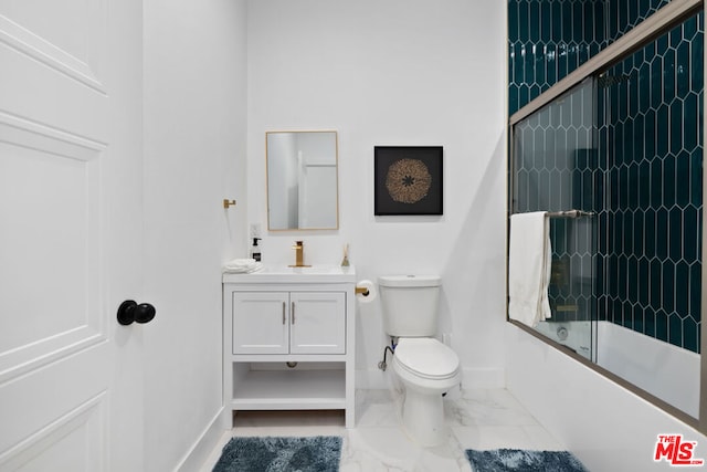 full bathroom featuring enclosed tub / shower combo, vanity, and toilet