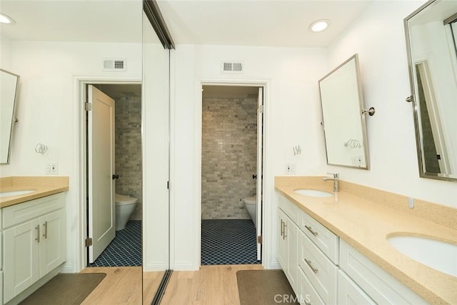 bathroom with toilet, vanity, and wood-type flooring