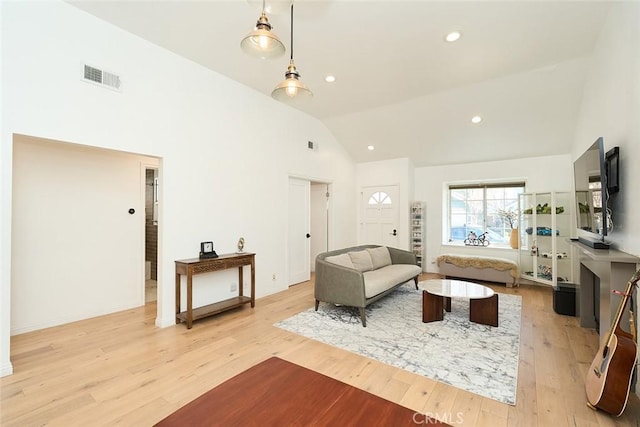 living room featuring lofted ceiling and light wood-type flooring