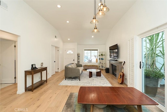 living room featuring high vaulted ceiling and light hardwood / wood-style floors