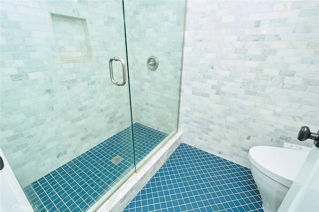 bathroom featuring toilet, tile patterned floors, and walk in shower