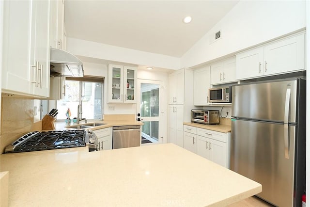 kitchen featuring vaulted ceiling, exhaust hood, sink, white cabinetry, and stainless steel appliances