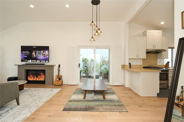 dining space with vaulted ceiling and light hardwood / wood-style floors