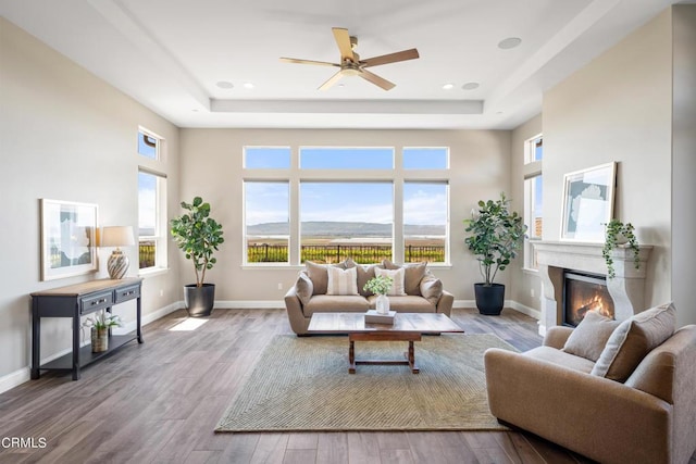 living room with light wood-type flooring, a wealth of natural light, a mountain view, and a raised ceiling