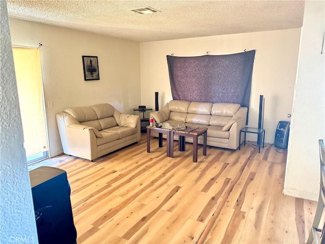 living room featuring light hardwood / wood-style floors and a textured ceiling