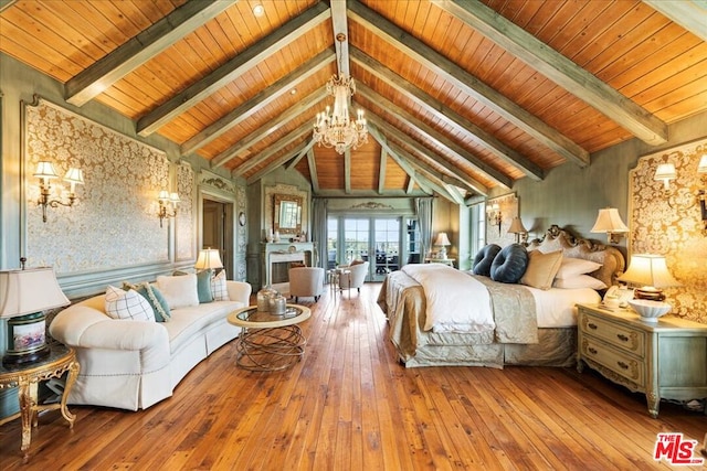 bedroom featuring hardwood / wood-style floors, wood ceiling, a chandelier, high vaulted ceiling, and beam ceiling