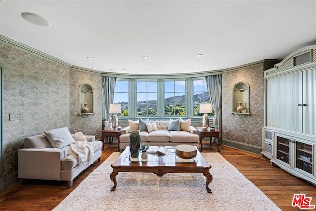 living room with ornamental molding, a mountain view, and dark hardwood / wood-style floors