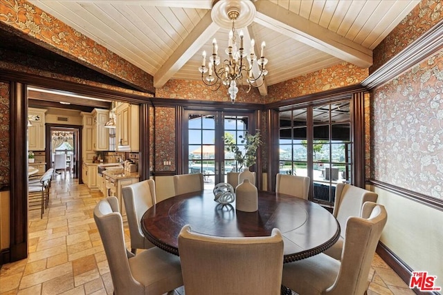 dining room with beam ceiling, french doors, wood ceiling, and a chandelier