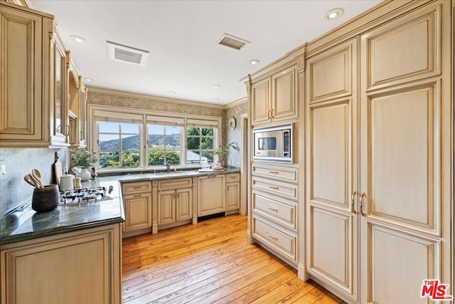 kitchen featuring light hardwood / wood-style floors, appliances with stainless steel finishes, dark stone countertops, ornamental molding, and sink