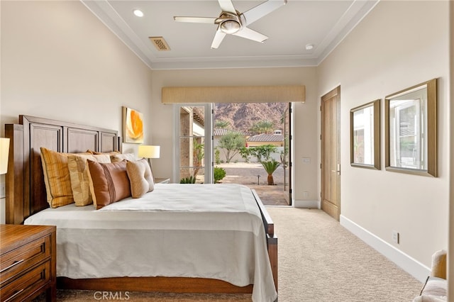 bedroom featuring ceiling fan, ornamental molding, carpet flooring, and access to outside