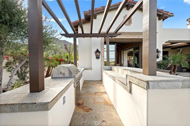 view of patio / terrace with area for grilling and a mountain view