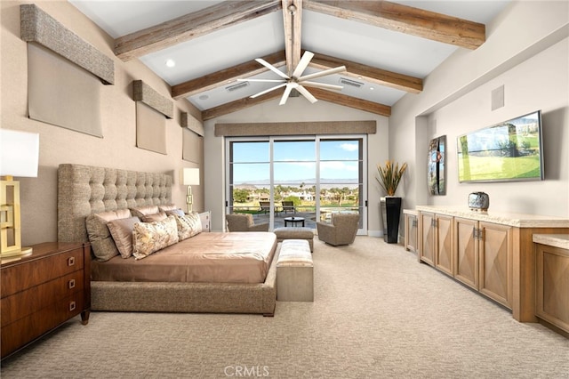 bedroom featuring lofted ceiling with beams and light colored carpet