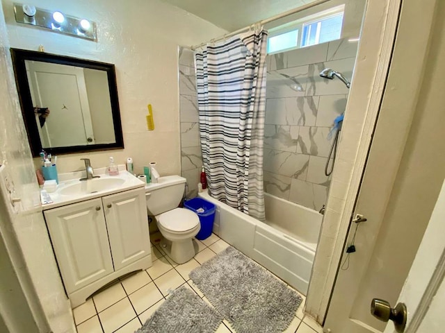 full bathroom with vanity, toilet, shower / bath combination with curtain, and tile patterned flooring