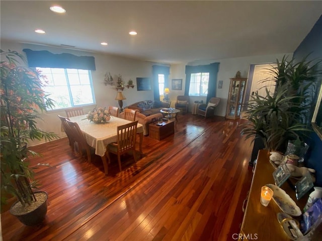 dining space featuring dark hardwood / wood-style floors and a wealth of natural light