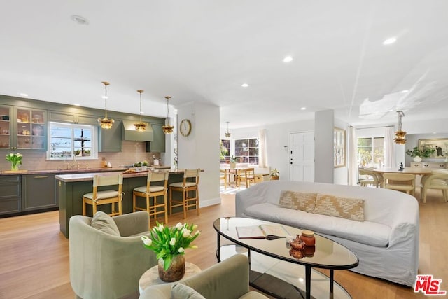 living room featuring sink and light hardwood / wood-style flooring