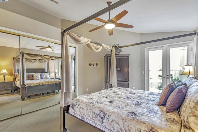 carpeted bedroom with lofted ceiling, french doors, access to exterior, a closet, and ceiling fan