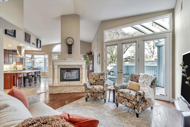 living room featuring french doors, a wealth of natural light, light hardwood / wood-style flooring, and a stone fireplace