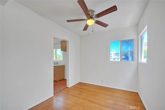 unfurnished room featuring light wood-type flooring and ceiling fan