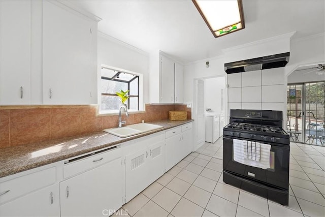 kitchen featuring decorative backsplash, sink, crown molding, white cabinetry, and black gas range oven