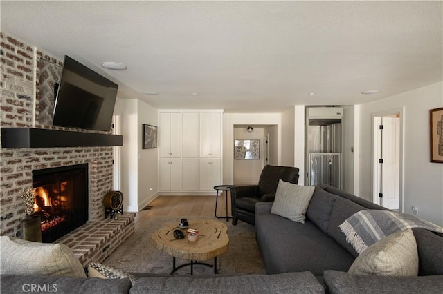 living room with light hardwood / wood-style floors and a fireplace