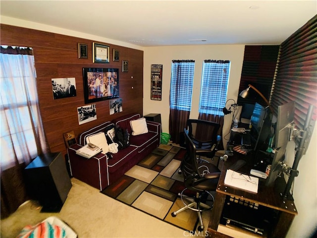 home office with carpet flooring