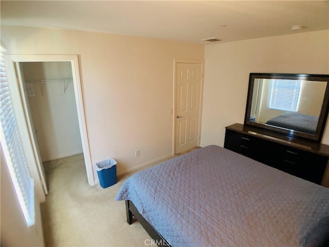 carpeted bedroom with a walk in closet and a closet