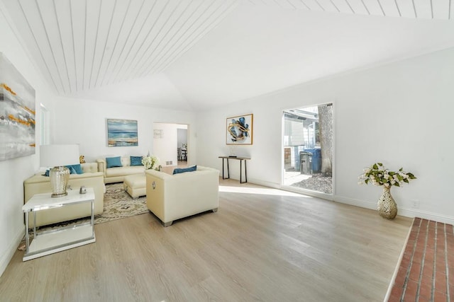 living room featuring vaulted ceiling, light hardwood / wood-style floors, and wooden ceiling