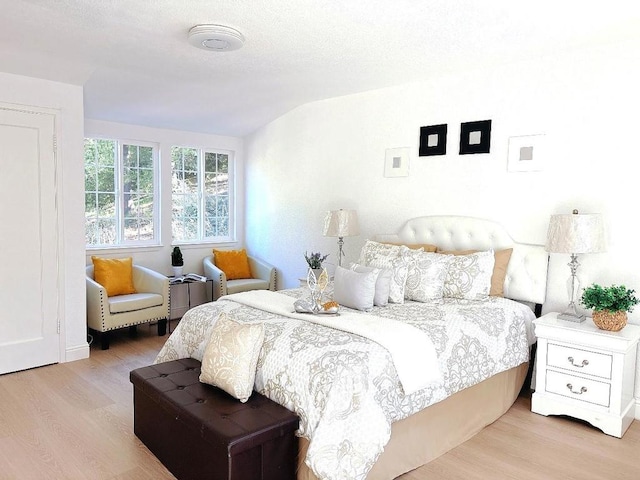 bedroom with vaulted ceiling and light hardwood / wood-style floors