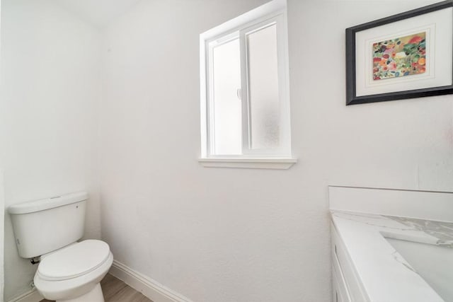 bathroom featuring vanity, hardwood / wood-style flooring, and toilet