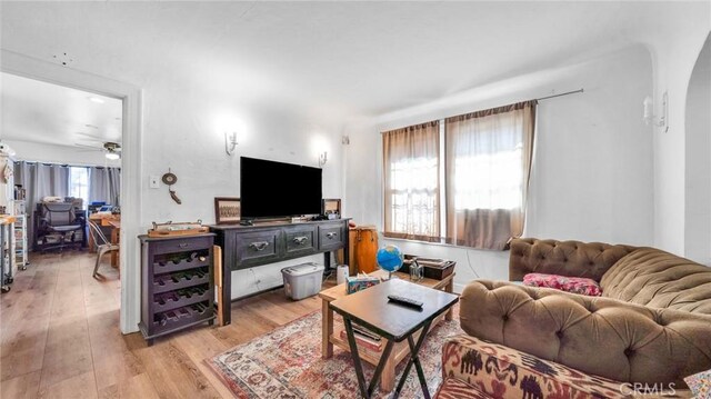 living room featuring ceiling fan and light wood-type flooring