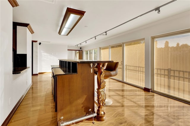 interior space with track lighting, ornamental molding, and light wood-type flooring