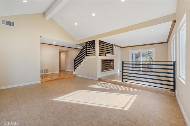 unfurnished living room with high vaulted ceiling, light tile patterned floors, ornamental molding, and beam ceiling