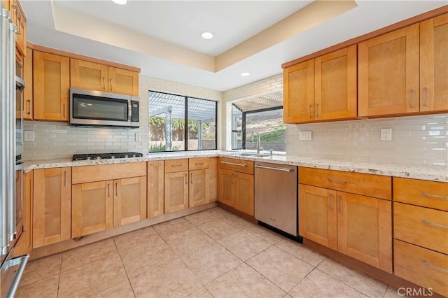 kitchen with sink, a raised ceiling, stainless steel appliances, and tasteful backsplash