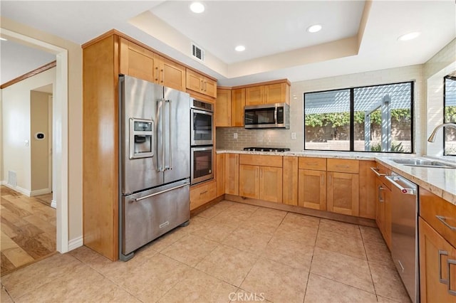 kitchen featuring appliances with stainless steel finishes, tasteful backsplash, sink, light stone counters, and a tray ceiling