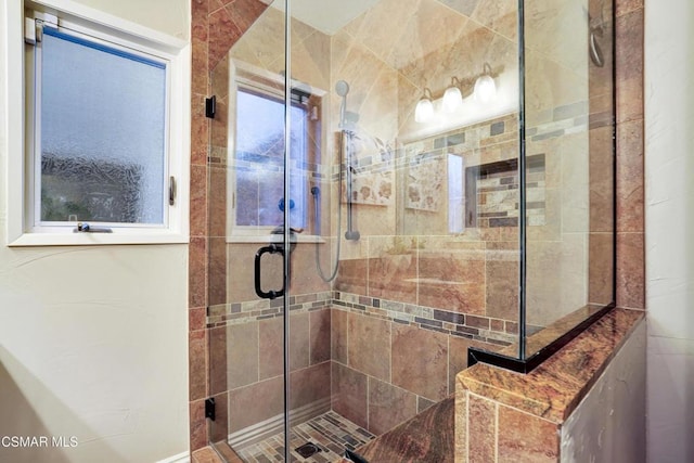 bathroom featuring a shower with shower door