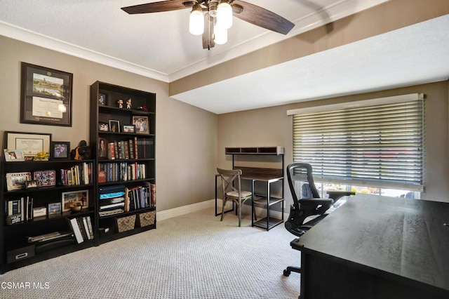 office featuring ceiling fan and light colored carpet