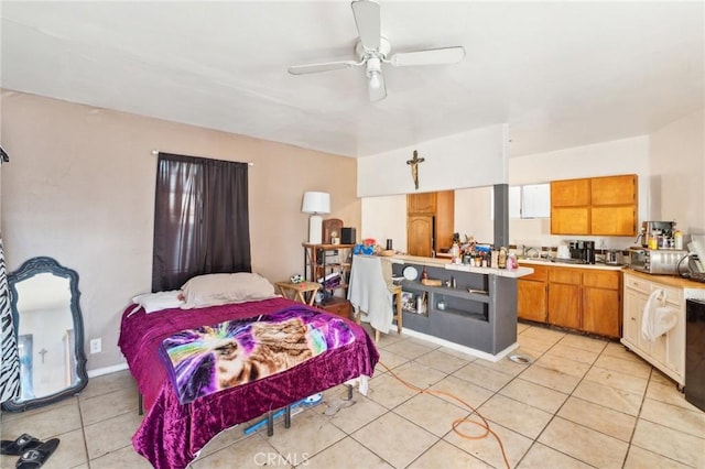 tiled bedroom with ceiling fan