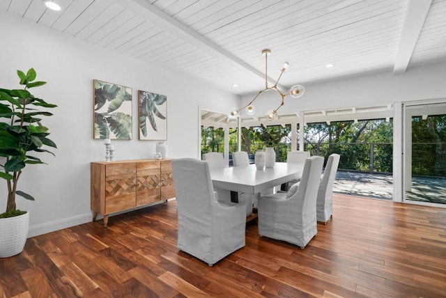 dining area featuring dark wood-type flooring, beam ceiling, and an inviting chandelier