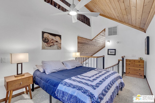 carpeted bedroom with ceiling fan, high vaulted ceiling, and wood ceiling