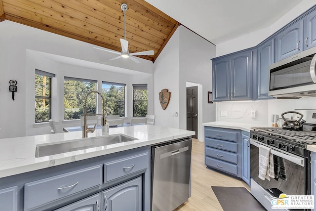 kitchen with lofted ceiling, wood ceiling, stainless steel appliances, decorative backsplash, and sink