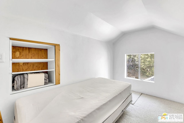 bedroom featuring light colored carpet and vaulted ceiling