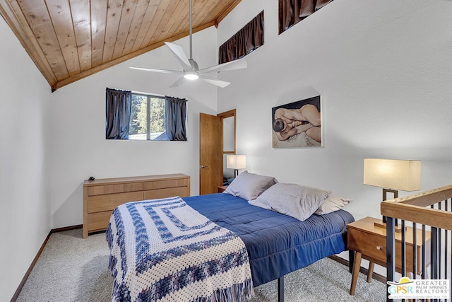 carpeted bedroom featuring ceiling fan, wood ceiling, and high vaulted ceiling